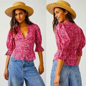 Free People I Found You Top Party Combo Pink Floral Puff Sleeve Size M Button Up